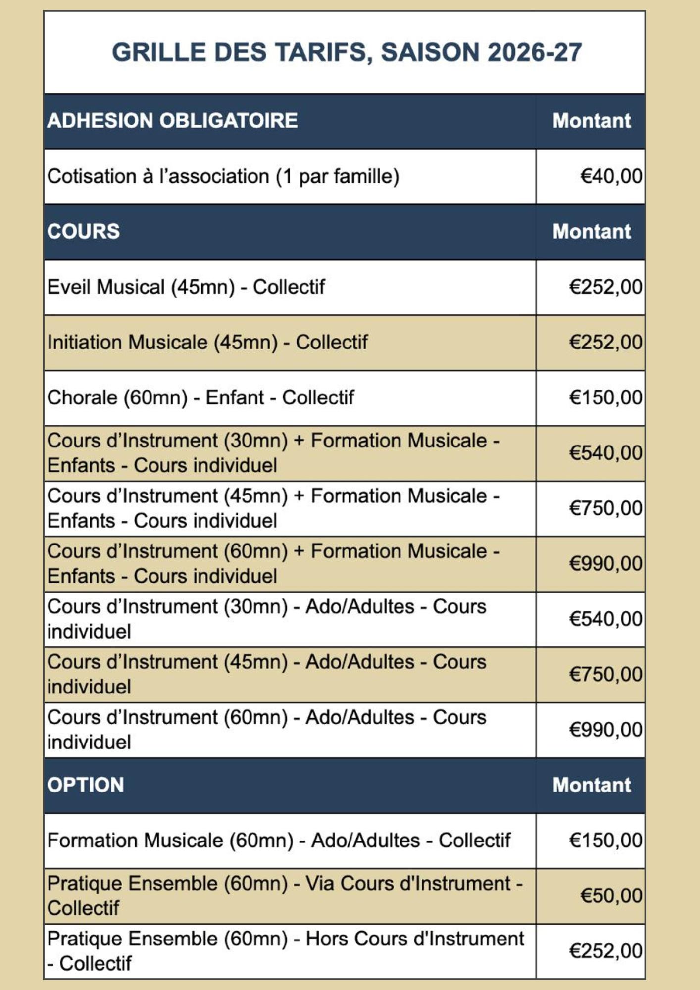 Tarifs musica clapiers - 2026 2027